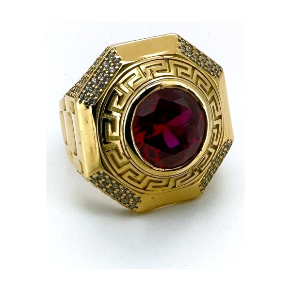 Anillo greca pidra roja de oro 18k